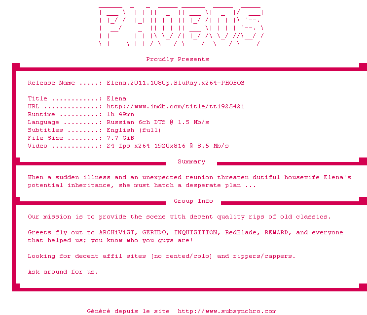 Nfo de la release Elena.2011.1080p.BluRay.x264-PHOBOS