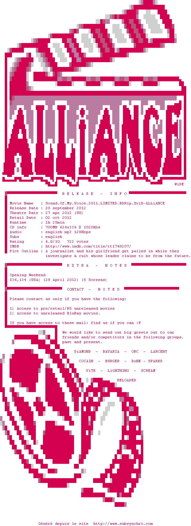 Nfo de la release Sound.Of.My.Voice.2011.LIMITED.BDRip.XviD-ALLiANCE