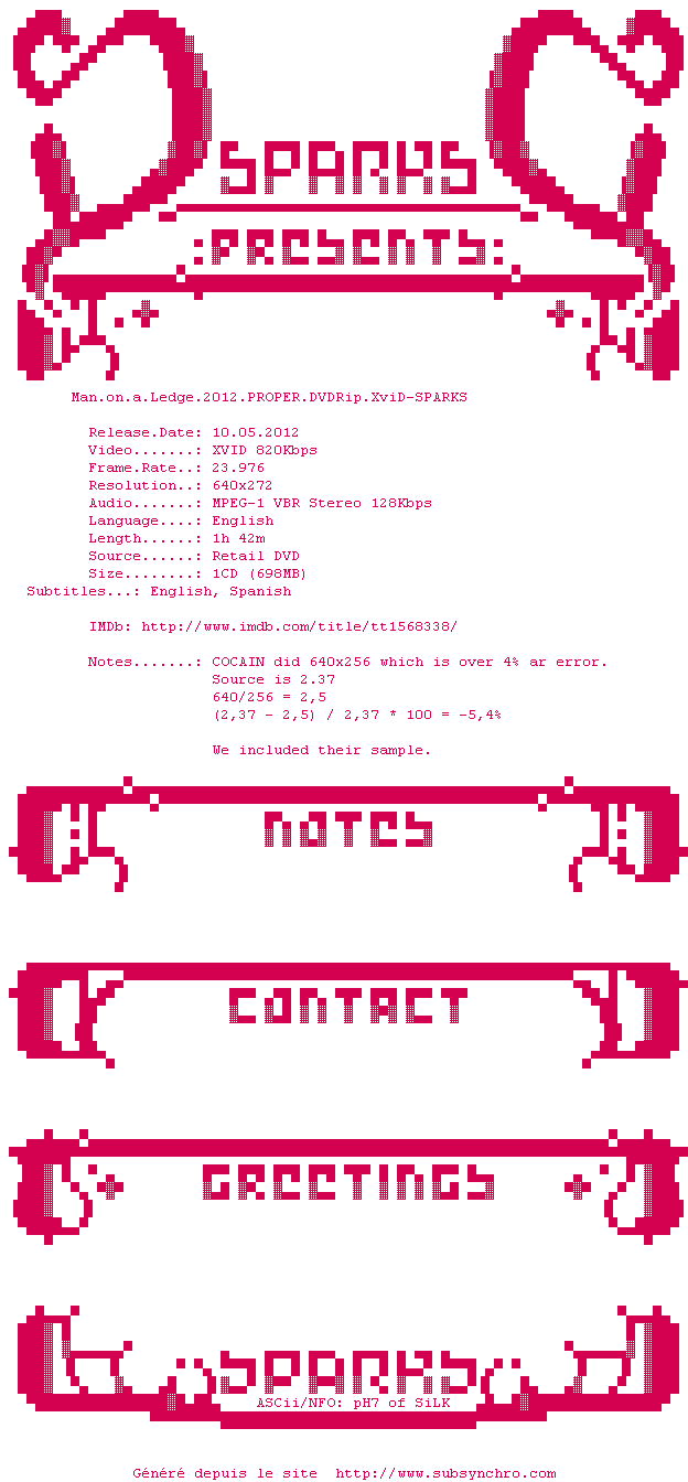 Nfo de la release Man.on.a.Ledge.2012.PROPER.DVDRip.XviD-SPARKS