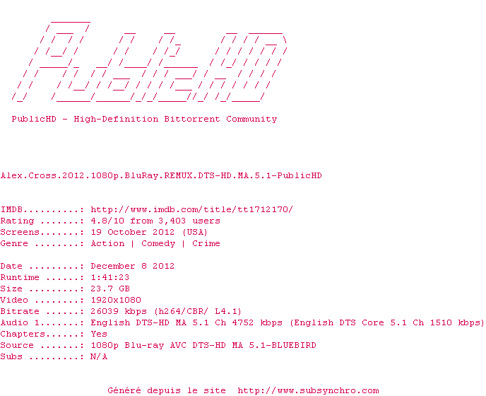 Nfo de la release Alex.Cross.2012.1080p.BluRay.REMUX.DTS-HD.MA.5.1-PublicHD