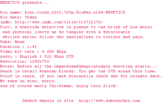 Nfo de la release Alex.Cross.2012.720p.BluRay.x264-HERETICS