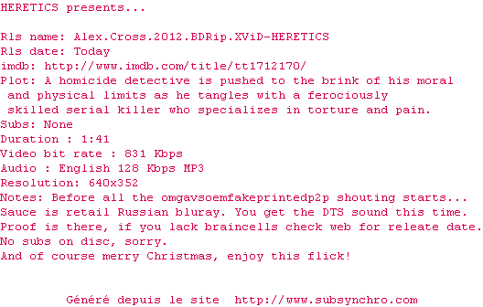 Nfo de la release Alex.Cross.2012.BDRip.XViD-HERETICS