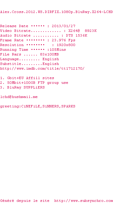 Nfo de la release Alex.Cross.2012.WS.DIRFIX.1080p.BluRay.x264-LCHD