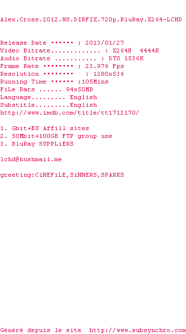 Nfo de la release Alex.Cross.2012.WS.DIRFIX.720p.BluRay.x264-LCHD