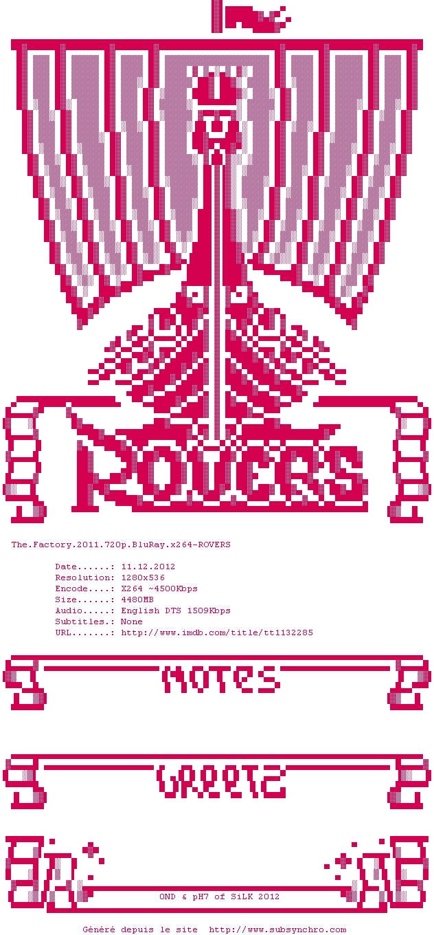 Nfo de la release The.Factory.2011.720p.BluRay.x264-ROVERS