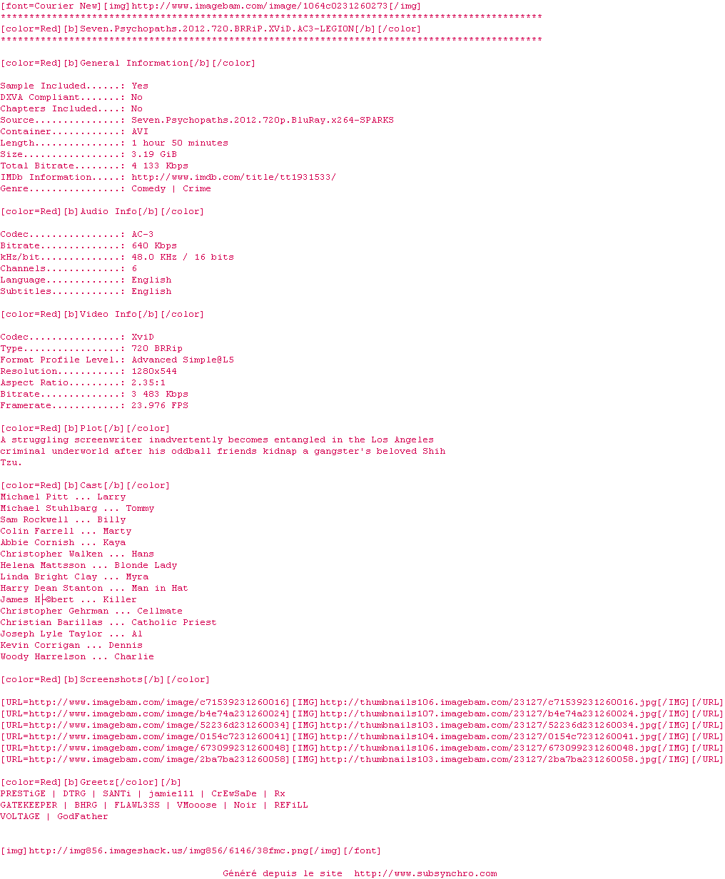 Nfo de la release Seven.Psychopaths.2012.720.BRRiP.XViD.AC3-LEGI0N