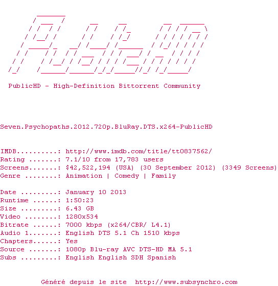 Nfo de la release Seven.Psychopaths.2012.720p.BluRay.DTS.x264-PublicHD
