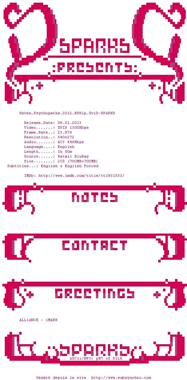 Nfo de la release Seven.Psychopaths.2012.BDRip.XviD-SPARKS