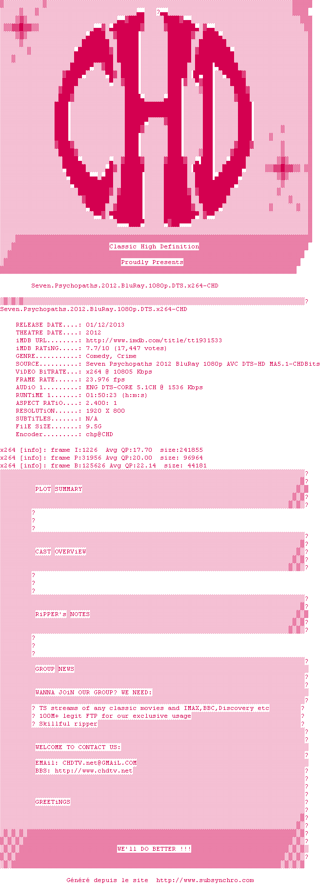 Nfo de la release Seven.Psychopaths.2012.BluRay.1080p.DTS.x264-CHD