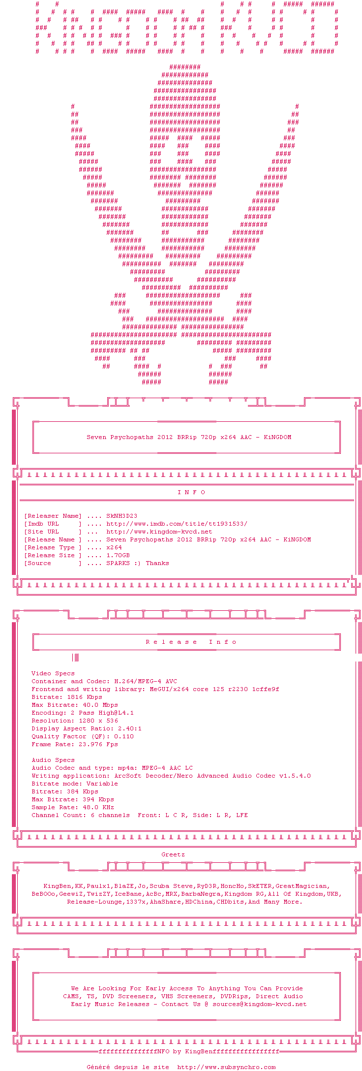 Nfo de la release Seven.Psychopaths.2012.BRRip.720p.x264.AAC-KiNGDOM