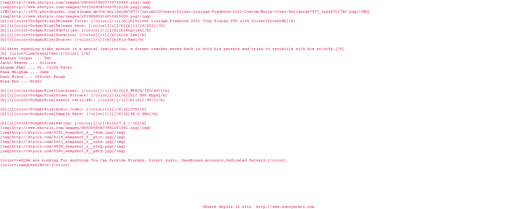 Nfo de la release Silver.Linings.Playbook.2012.720p.Bluray.DTS.x264-SilverTorrentHD