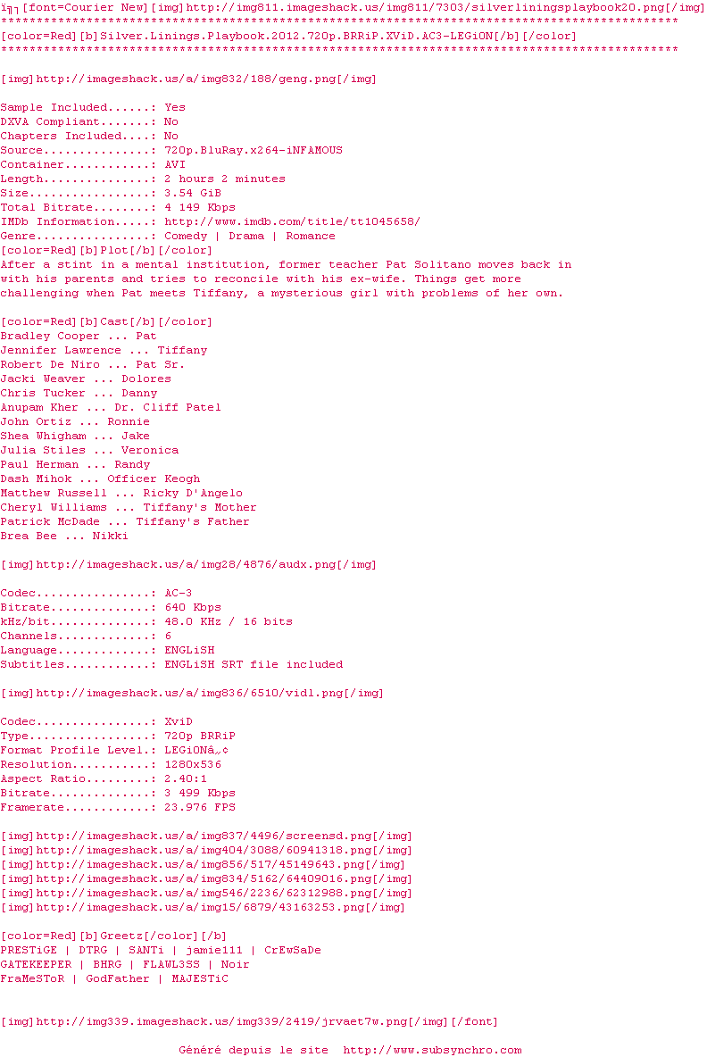 Nfo de la release Silver.Linings.Playbook.2012.720p.BRRiP.XViD.AC3-LEGi0N