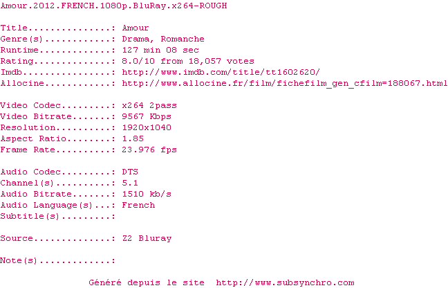 Nfo de la release Amour.2012.FRENCH.1080p.BluRay.x264-ROUGH