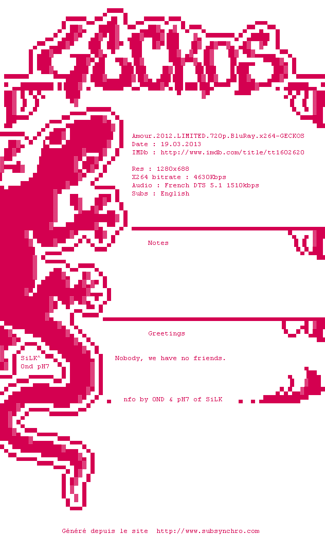 Nfo de la release Amour.2012.LIMITED.720p.BluRay.x264-GECKOS