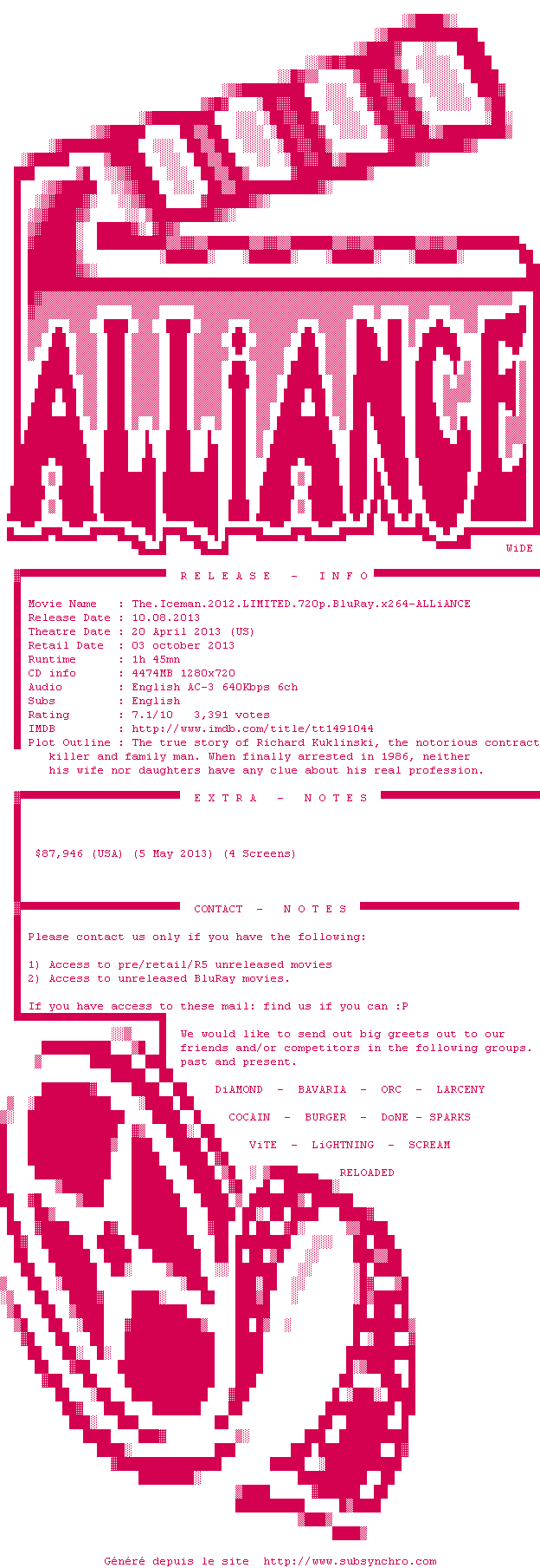 Nfo de la release The.Iceman.2012.LIMITED.720p.BluRay.x264-ALLiANCE