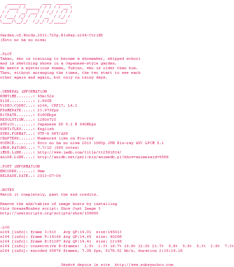 Nfo de la release Garden.of.Words.2013.720p.BluRay.x264-CtrlHD