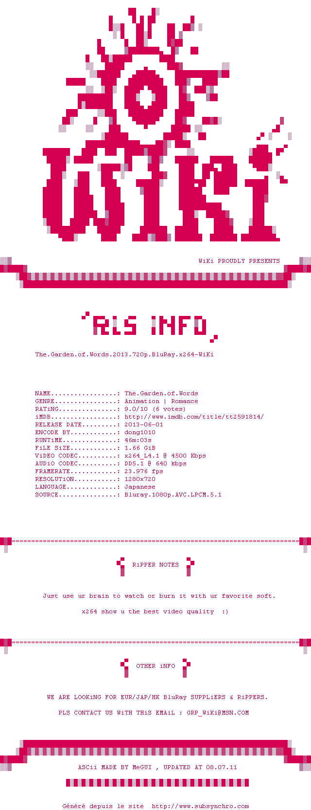 Nfo de la release The.Garden.of.Words.2013.720p.BluRay.x264-WiKi