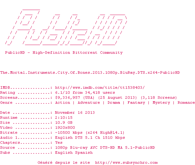 Nfo de la release The.Mortal.Instruments.City.Of.Bones.2013.1080p.BluRay.DTS.x264-PublicHD
