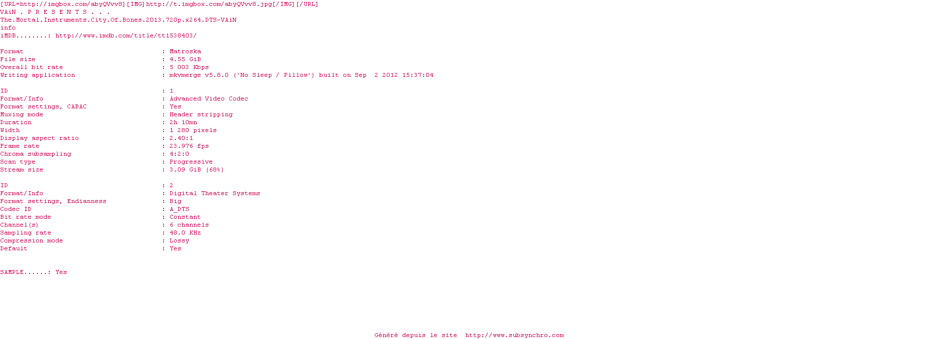 Nfo de la release The.Mortal.Instruments.City.Of.Bones.2013.720p.x264.DTS-VAiN