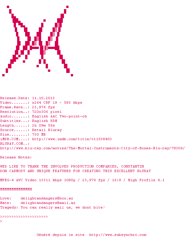 Nfo de la release The.Mortal.Instruments.City.of.Bones.2013.BDRip.x264-DAA