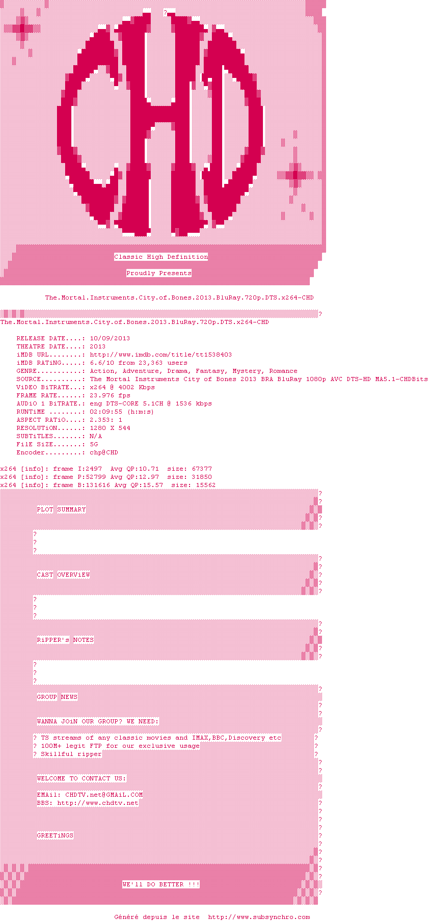 Nfo de la release The.Mortal.Instruments.City.of.Bones.2013.BluRay.720p.DTS.x264-CHD