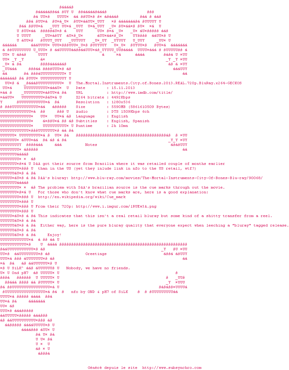 Nfo de la release The.Mortal.Instruments.City.of.Bones.2013.REAL.720p.BluRay.x264-GECKOS