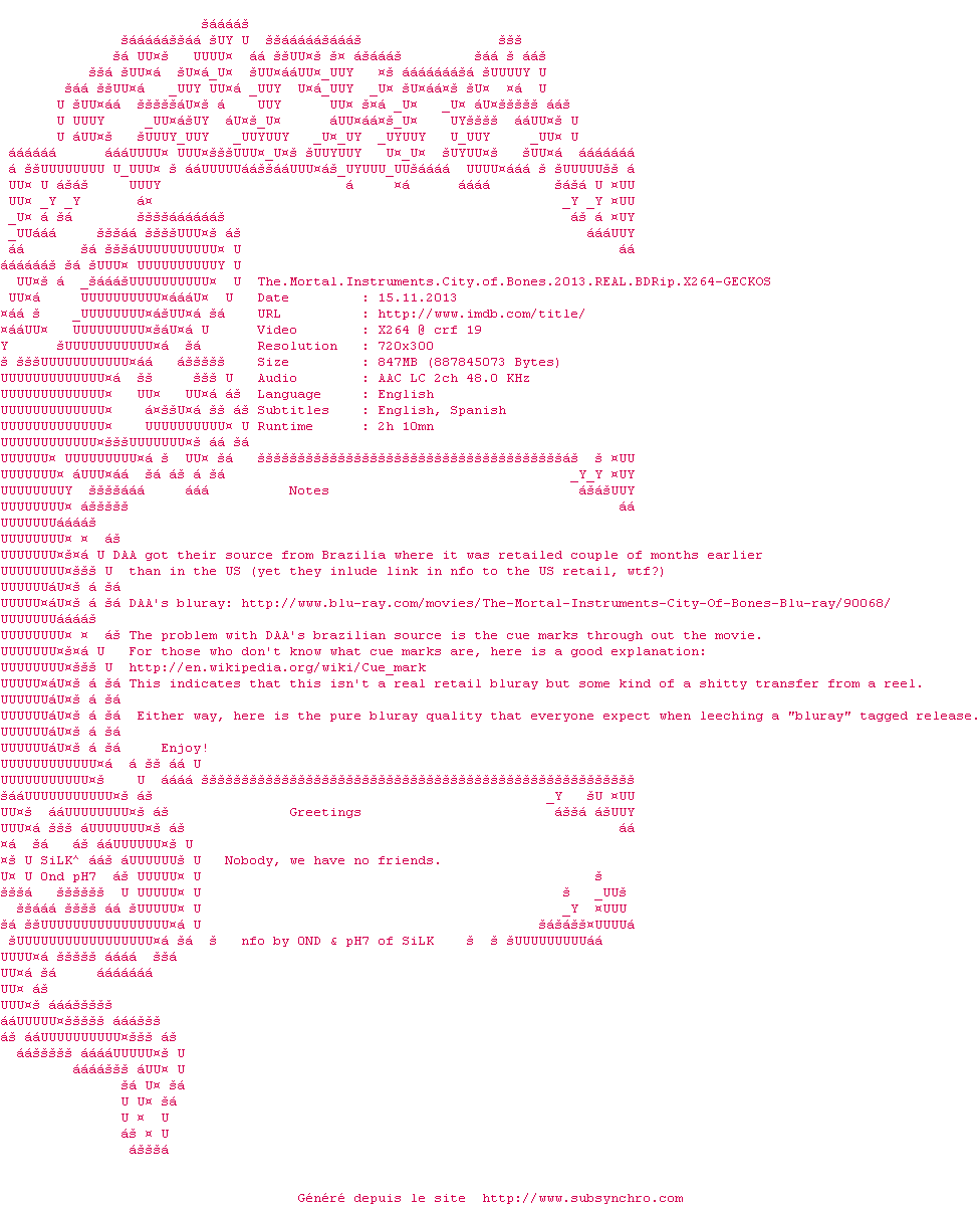 Nfo de la release The.Mortal.Instruments.City.of.Bones.2013.REAL.BDRip.X264-GECKOS