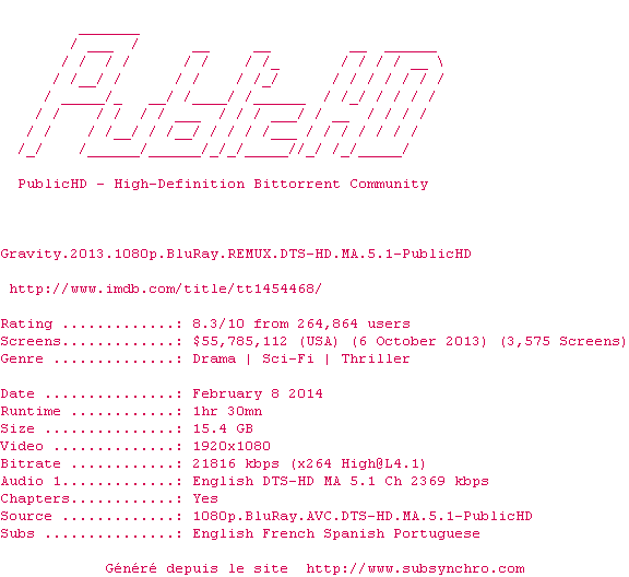 Nfo de la release Gravity.2013.1080p.BluRay.REMUX.DTS-HD.MA.5.1-PublicHD