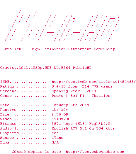 Nfo de la release Gravity.2013.1080p.WEB-DL.H264-PublicHD