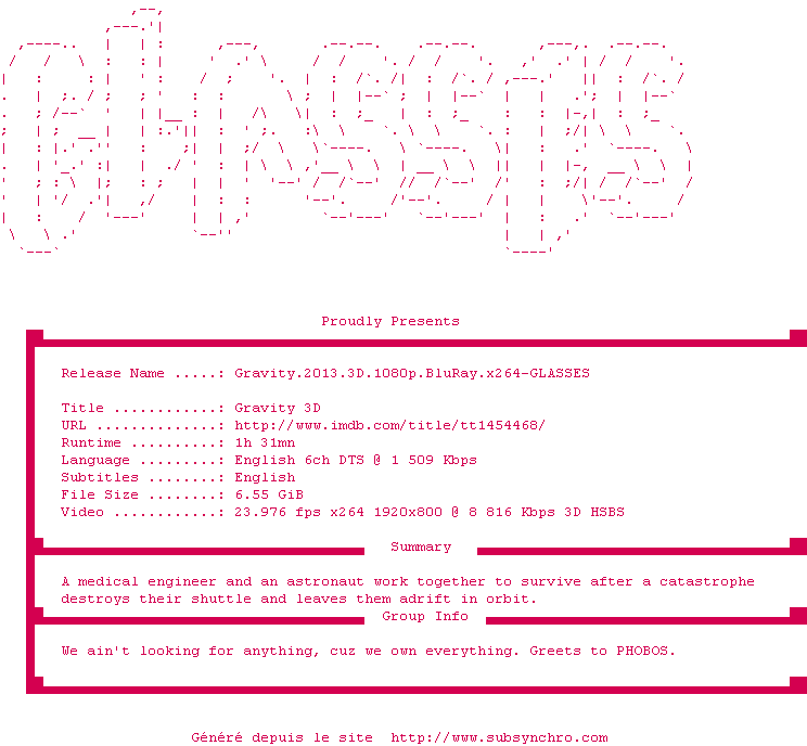 Nfo de la release Gravity.2013.3D.1080p.BluRay.x264-GLASSES