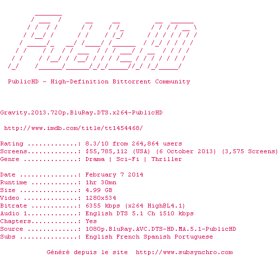 Nfo de la release Gravity.2013.720p.BluRay.DTS.x264-PublicHD