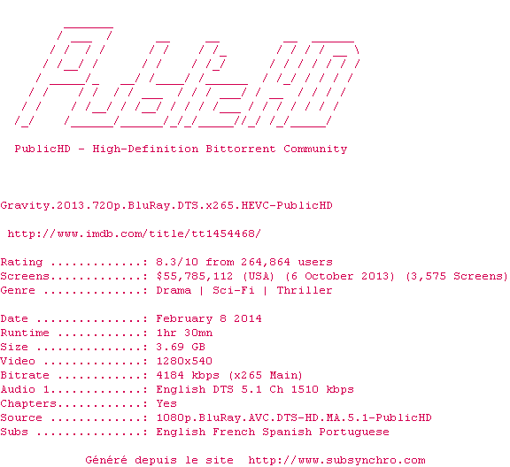 Nfo de la release Gravity.2013.720p.BluRay.DTS.x265.HEVC-PublicHD