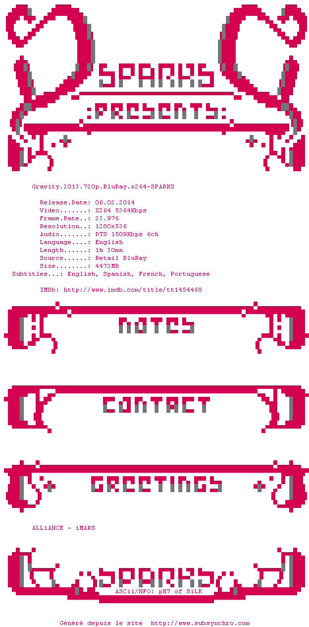 Nfo de la release Gravity.2013.720p.BluRay.x264-SPARKS
