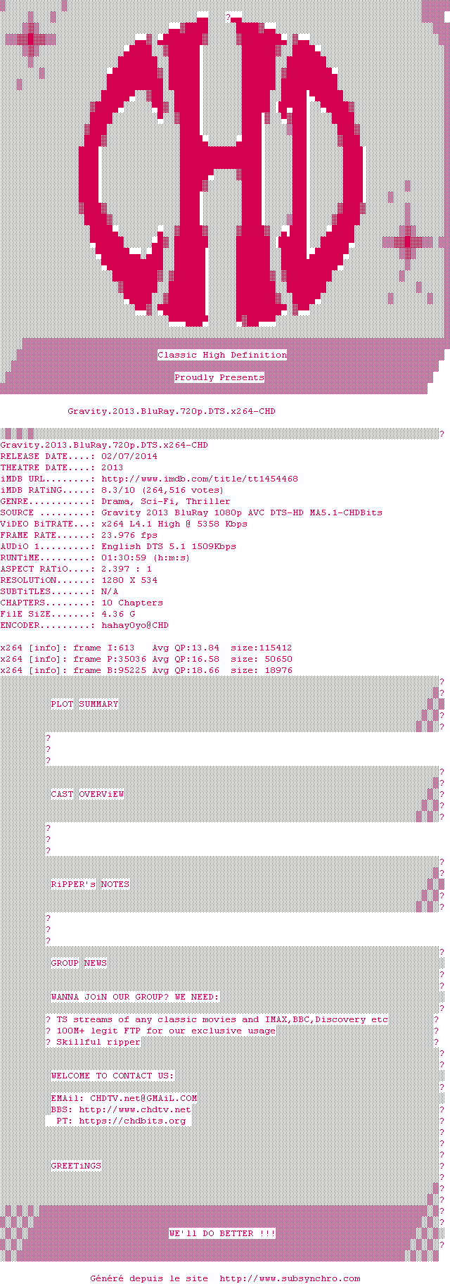 Nfo de la release Gravity.2013.BluRay.720p.DTS.x264-CHD