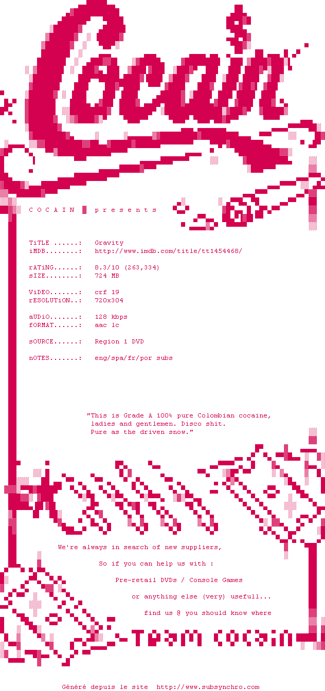 Nfo de la release Gravity.2013.DVDRip.x264-COCAIN
