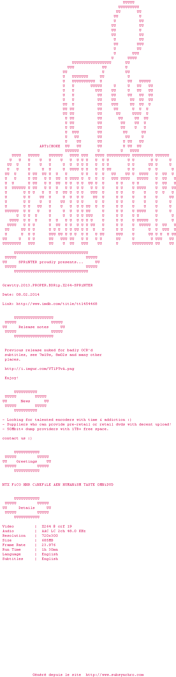 Nfo de la release Gravity.2013.PROPER.BDRip.X264-SPRiNTER