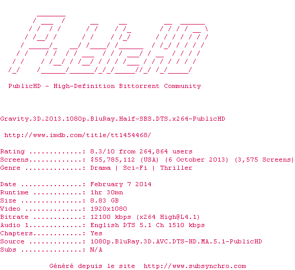 Nfo de la release Gravity.3D.2013.1080p.BluRay.Half-SBS.DTS.x264-PublicHD