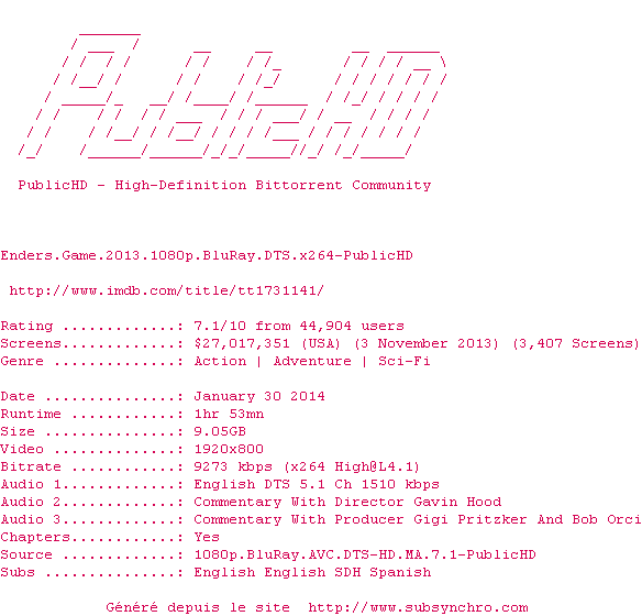 Nfo de la release Enders.Game.2013.1080p.BluRay.DTS.x264-PublicHD