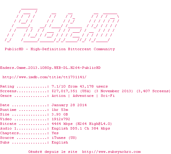 Nfo de la release Enders.Game.2013.1080p.WEB-DL.H264-PublicHD