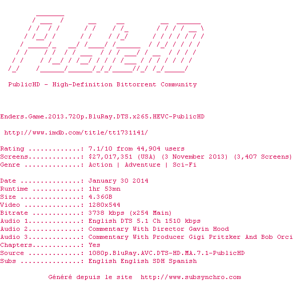 Nfo de la release Enders.Game.2013.720p.BluRay.DTS.x265.HEVC-PublicHD
