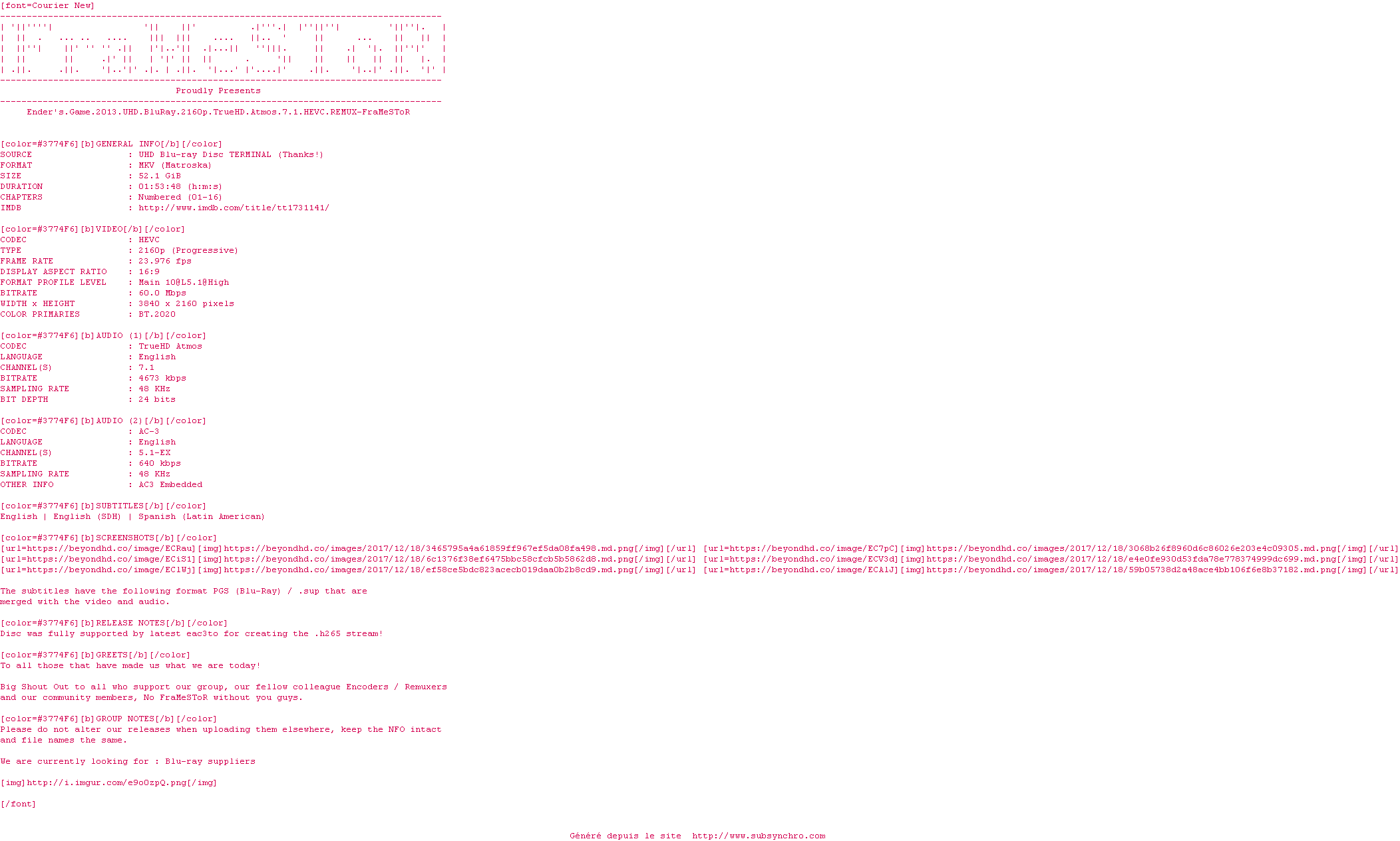 Nfo de la release Enders.Game.2013.UHD.BluRay.2160p.TrueHD.Atmos.7.1.HEVC.REMUX-FraMeSToR