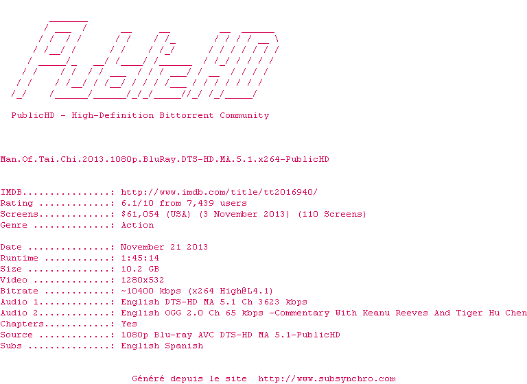 Nfo de la release Man.Of.Tai.Chi.2013.1080p.BluRay.DTS-HD.MA.5.1.x264-PublicHD