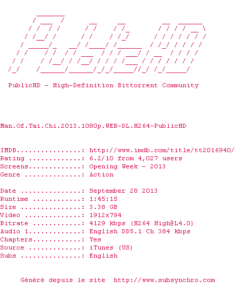 Nfo de la release Man.Of.Tai.Chi.2013.1080p.WEB-DL.H264-PublicHD