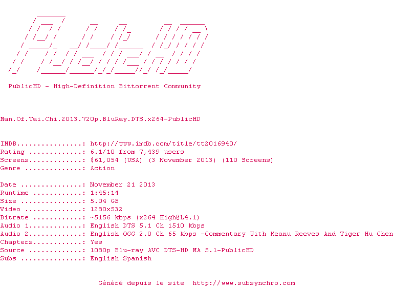 Nfo de la release Man.Of.Tai.Chi.2013.720p.BluRay.DTS.x264-PublicHD