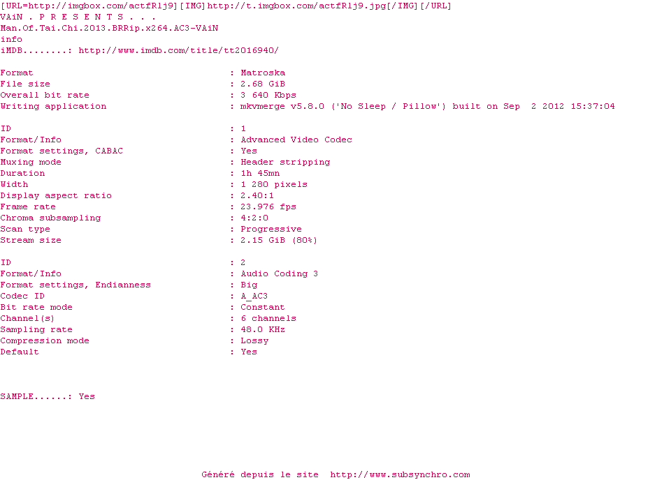Nfo de la release Man.Of.Tai.Chi.2013.BRRip.x264.AC3-VAiN