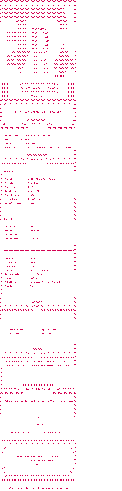 Nfo de la release Man.of.Tai.Chi.2013.BRRip.XViD-ETRG