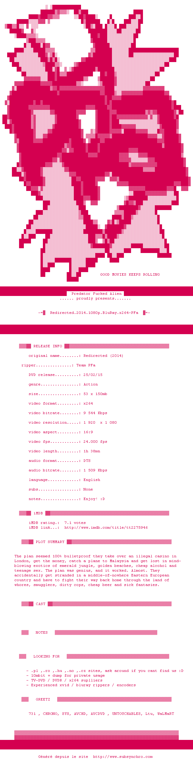 Nfo de la release Redirected.2014.1080p.BluRay.x264-PFa