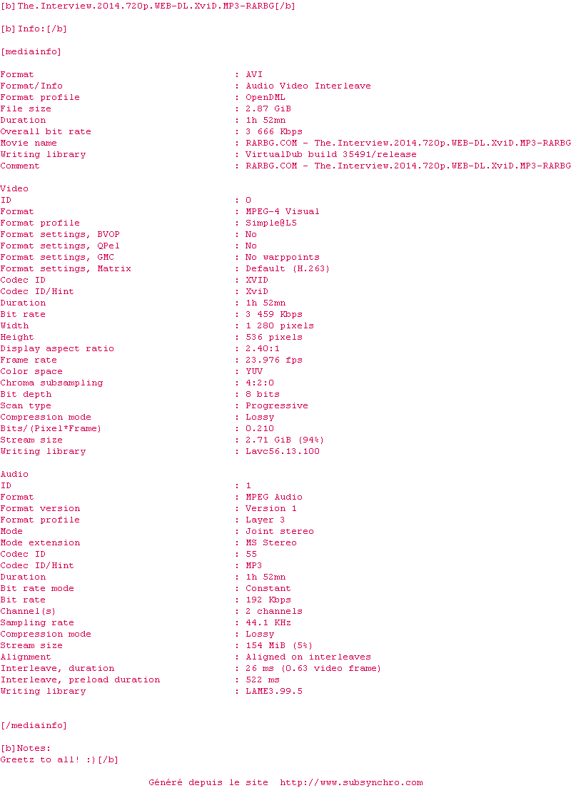 Nfo de la release The.Interview.2014.720p.WEB-DL.XviD.MP3-RARBG