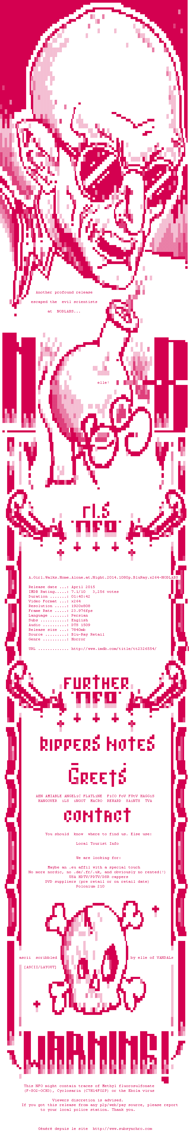 Nfo de la release A.Girl.Walks.Home.Alone.at.Night.2014.1080p.BluRay.x264-NODLABS