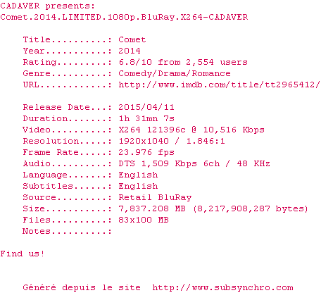 Nfo de la release Comet.2014.LIMITED.1080p.BluRay.X264-CADAVER